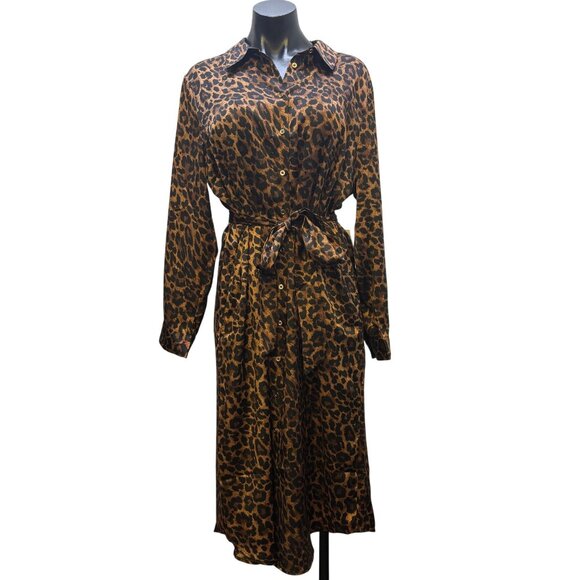 NWT Talbots Animal Print Brown Dress With Belt Button Down Leopard Midi Long Sle - Picture 1 of 9